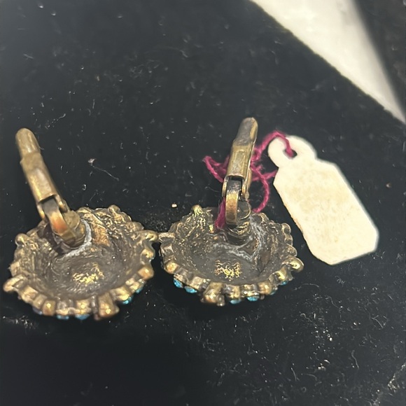 Vintage Sapphire & Turquoise Crystal Euro Wire Medallion Earrings-Boutique - Picture 6 of 7